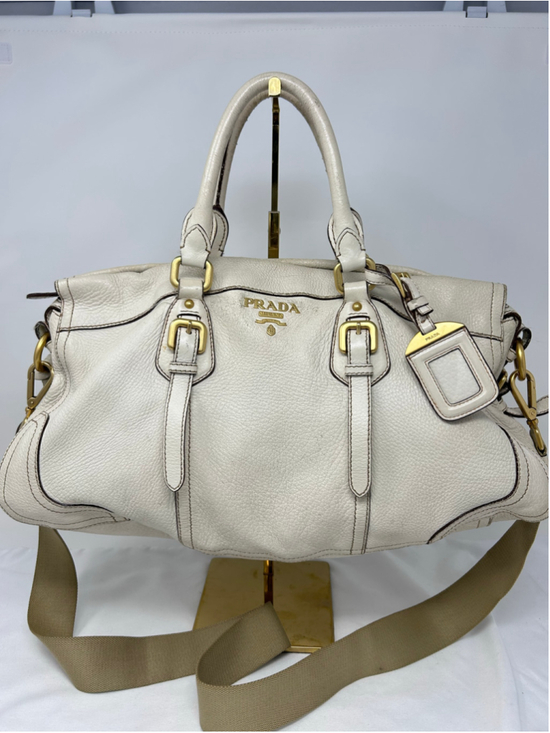 PRADA Handbags - Prada Cervo Antik Leather Satchel Ivory Talco Crossbody Shoulder Bag
